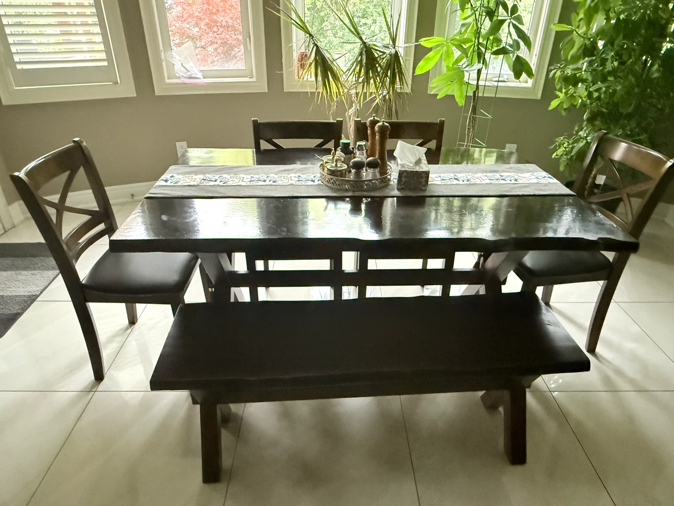 Wooden dining table set with bench and 4 chairs