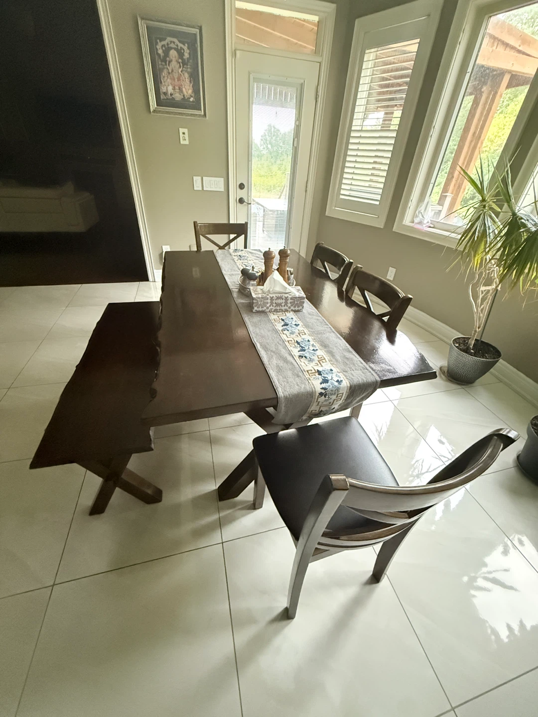 Wooden dining table set with bench and 4 chairs - photo 2