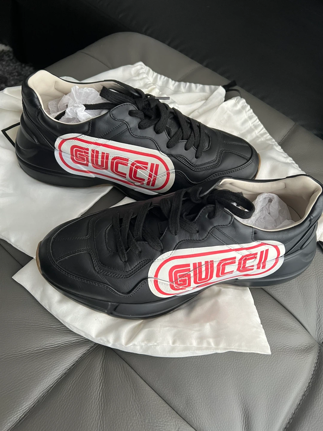 Gucci Black Leather Sneakers with Red Logo