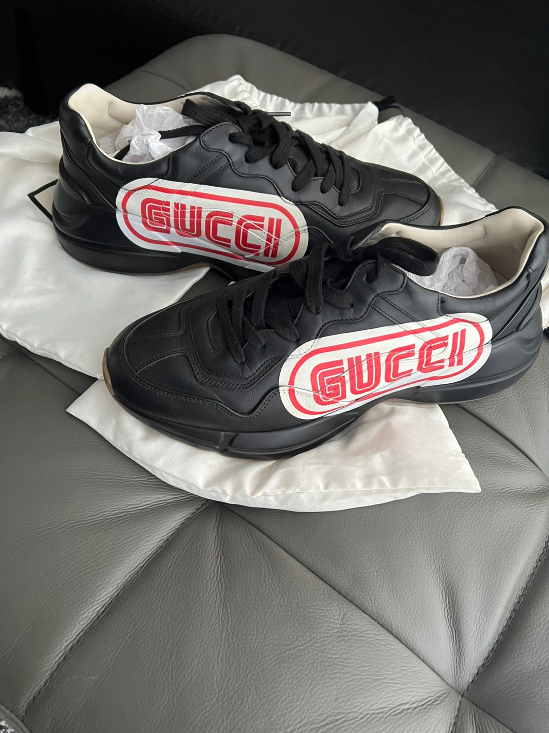 Gucci Black Leather Sneakers with Red Logo - photo 2