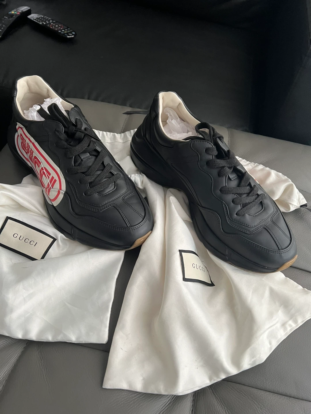 Gucci Black Leather Sneakers with Red Logo - photo 3
