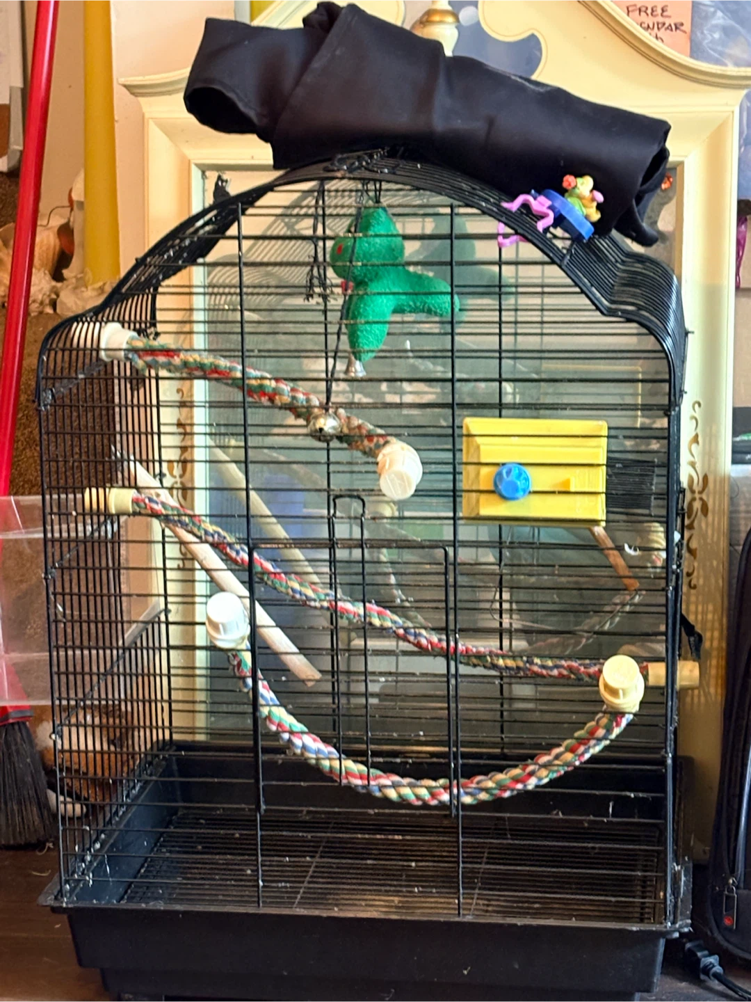 Black heavy duty birdcage with ropes, cover, mirror and toys
