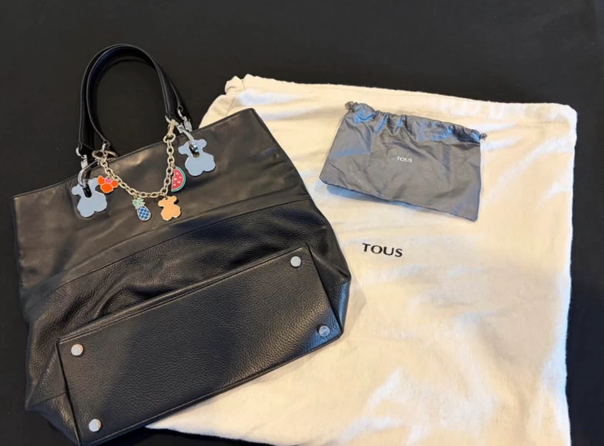 TOUS Black Leather Tote Bag with Charms