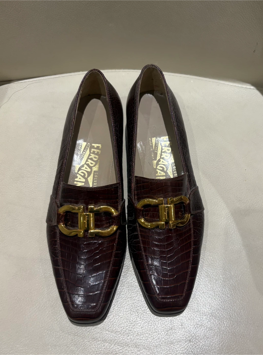 Salvatore Ferragamo Gancini Croc-Embossed Leather Loafers 51/2C