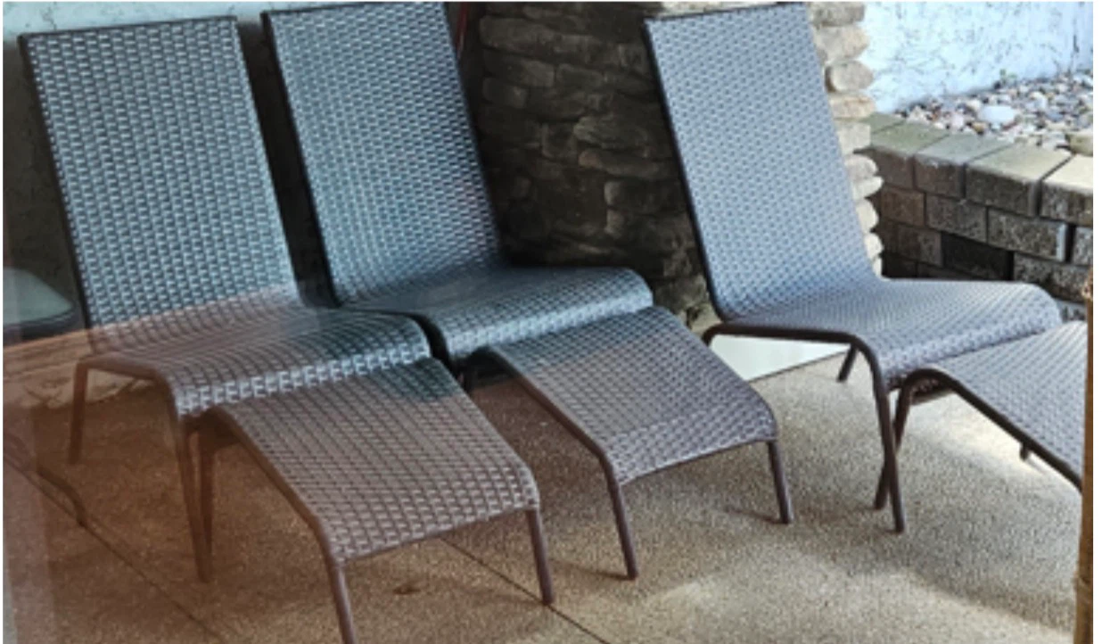 3 Grey Patio Chairs with 3 Ottomans and side table
