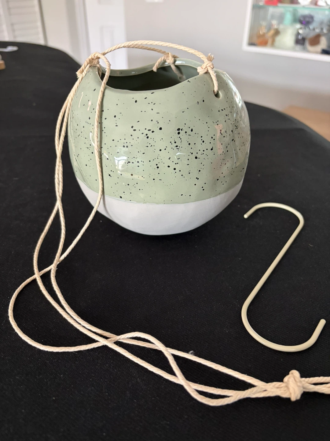Sage Green Speckled Hanging Planter with Rope Hanger