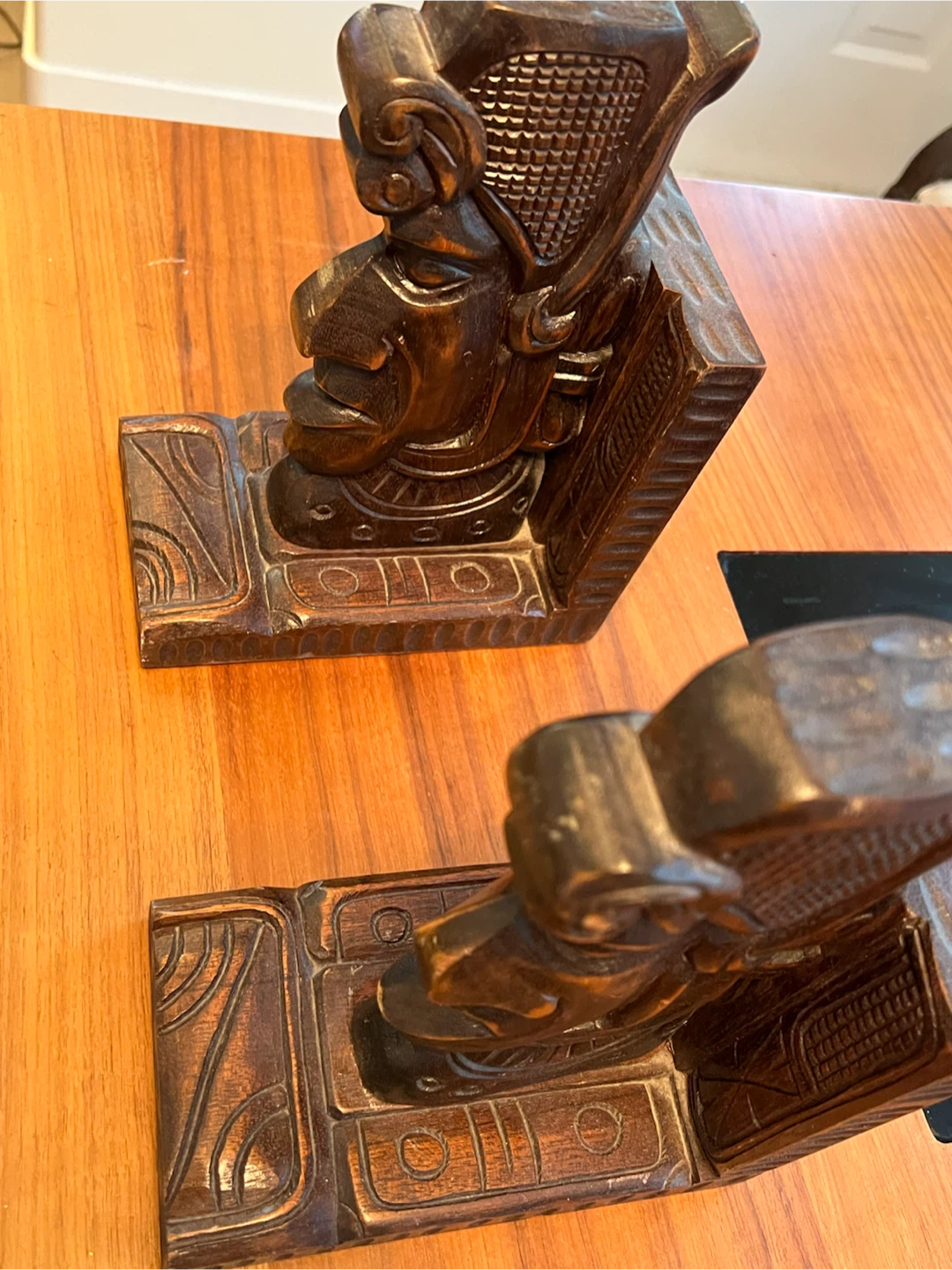Hand-Carved Wooden Mayan Face Bookends - photo 3