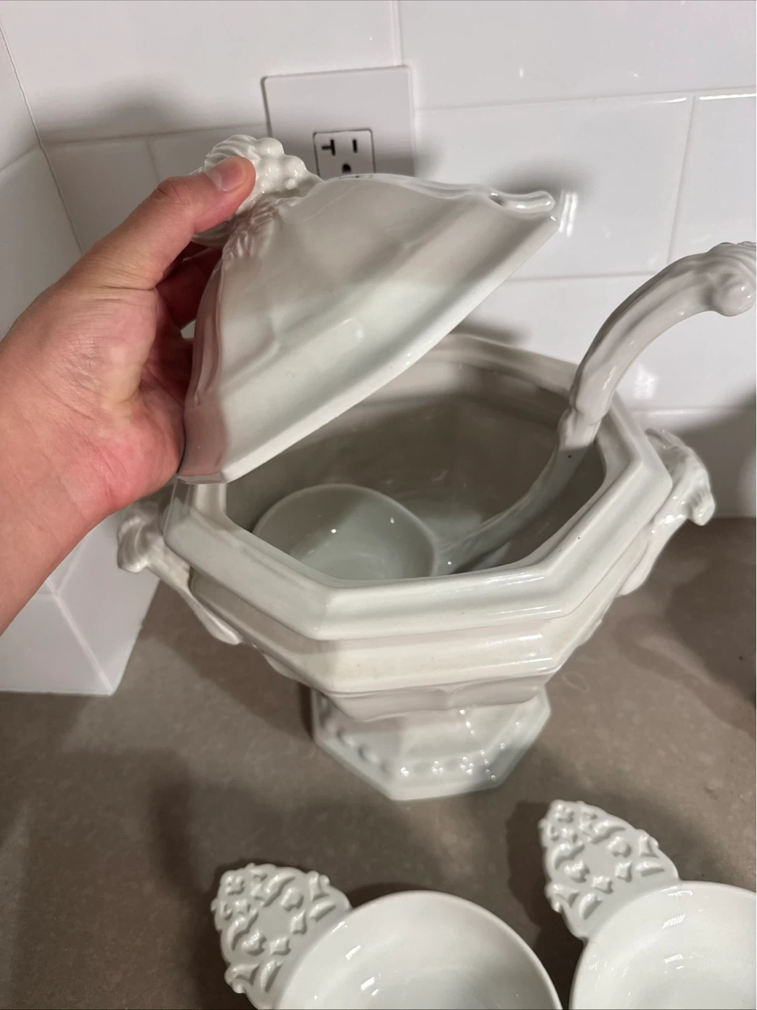 White Ceramic Soup Tureen Set with Ladle and Pitcher - photo 5