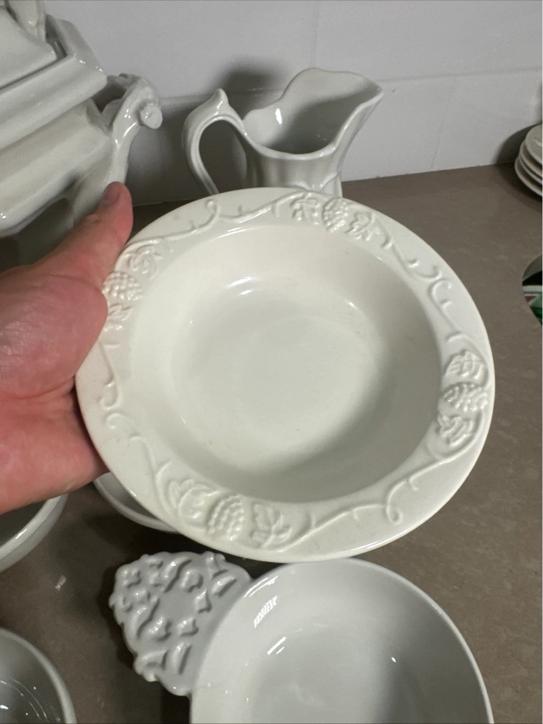 White Ceramic Soup Tureen Set with Ladle and Pitcher - photo 2