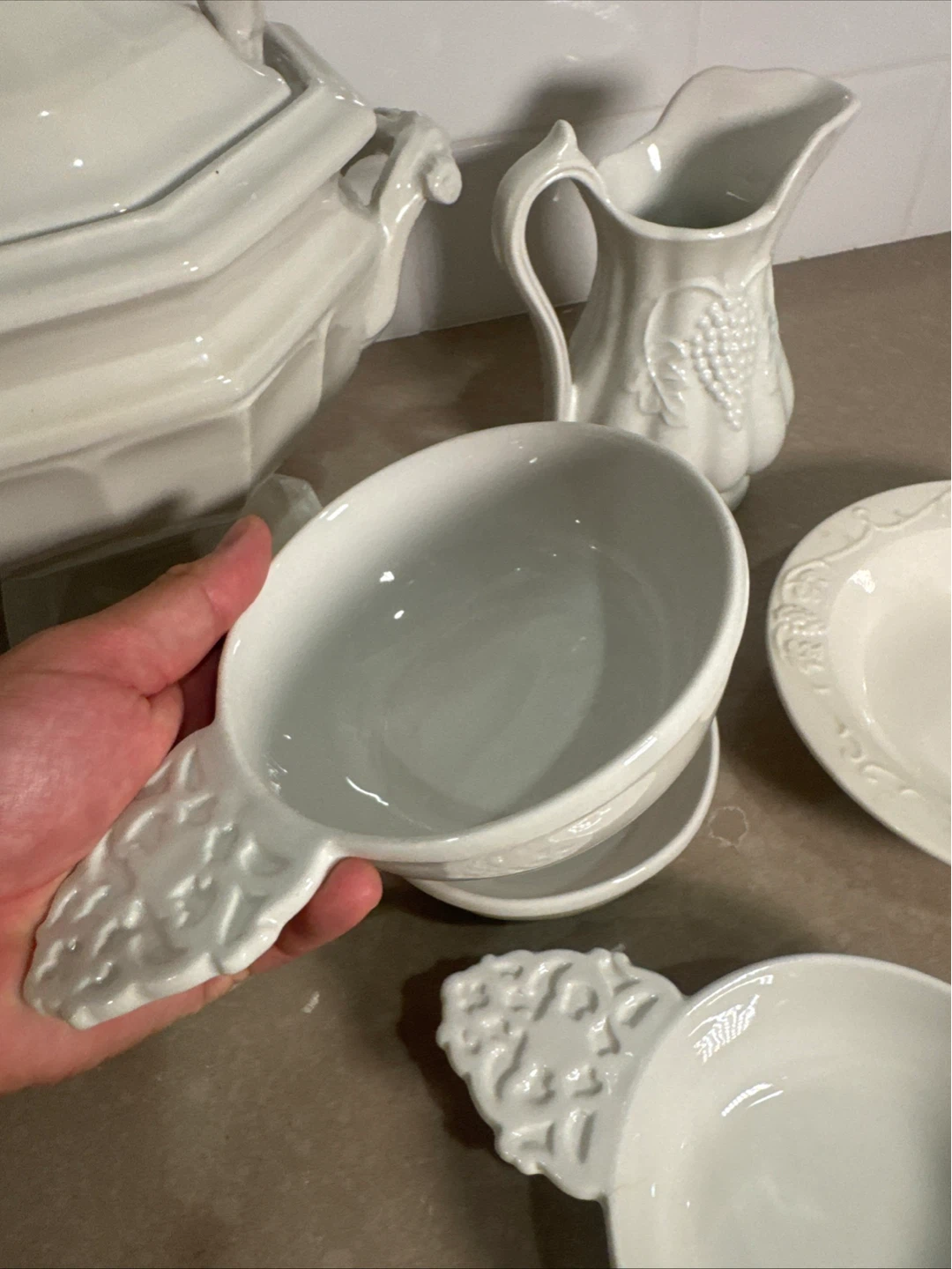 White Ceramic Soup Tureen Set with Ladle and Pitcher - photo 3