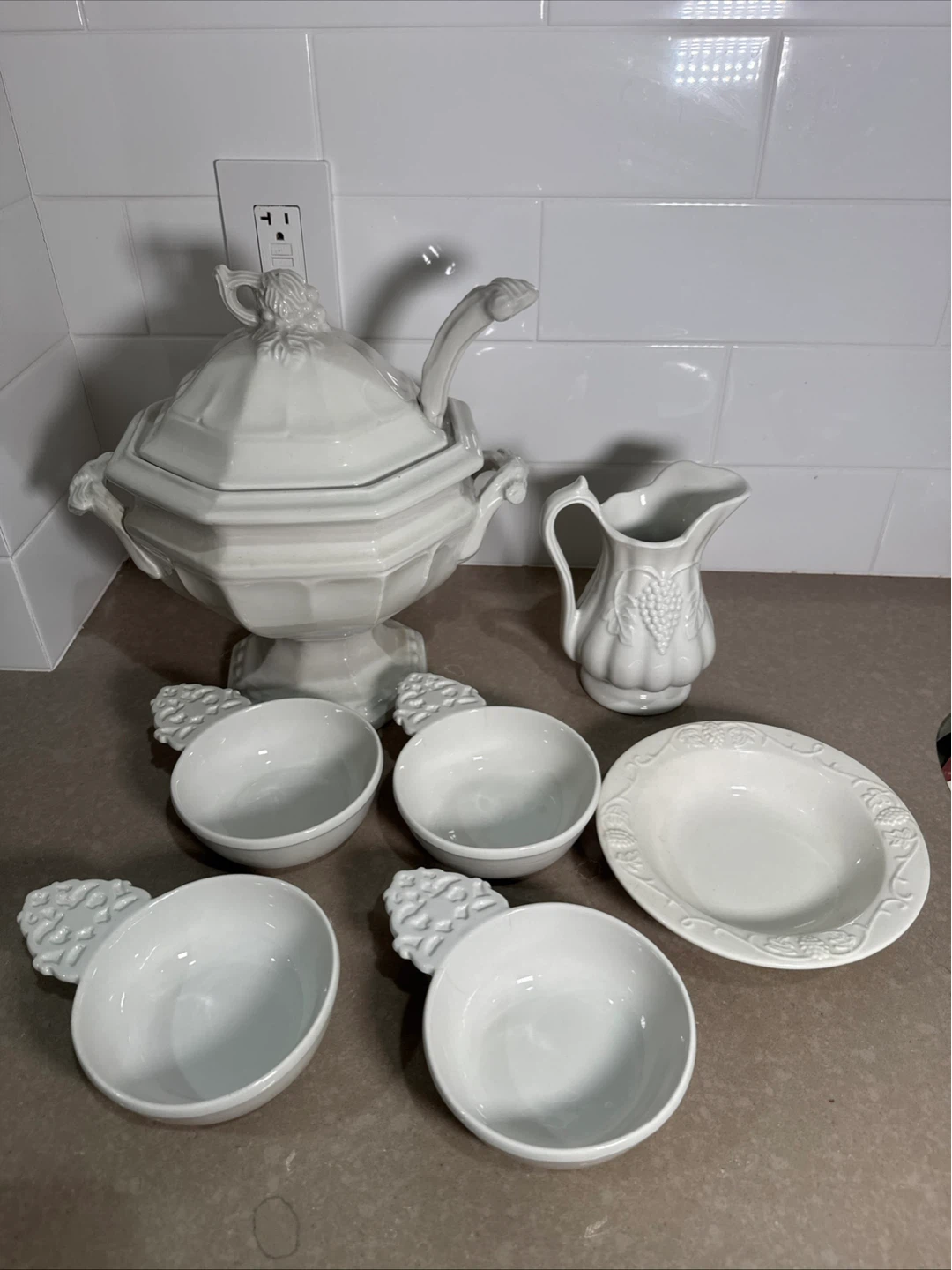 White Ceramic Soup Tureen Set with Ladle and Pitcher