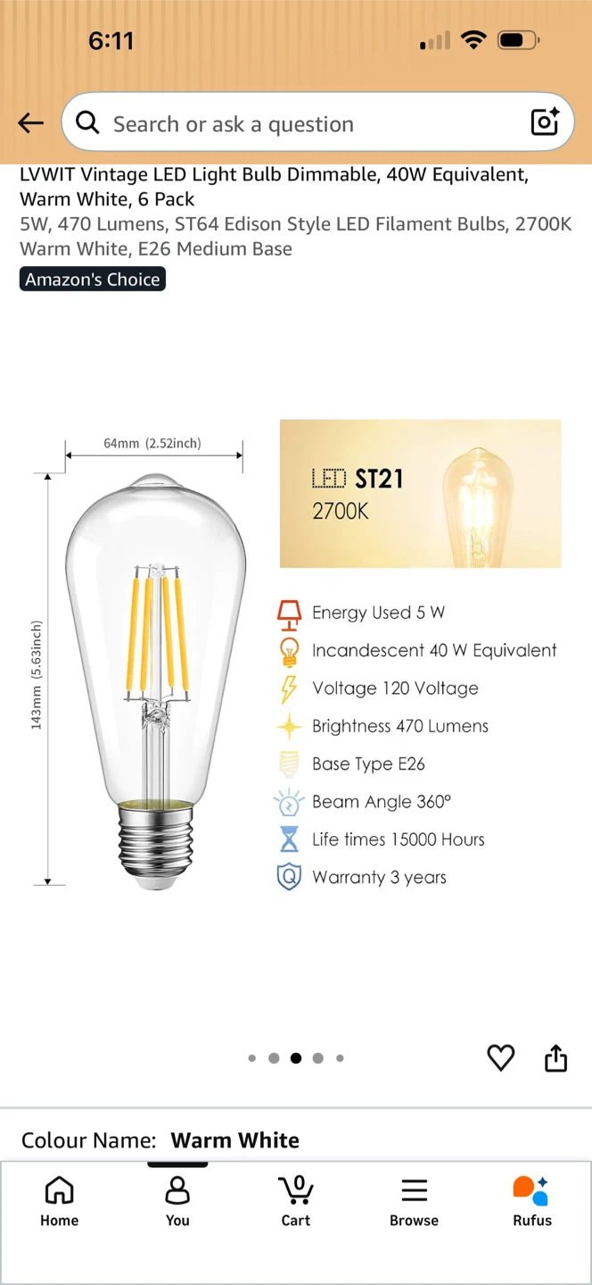6-Pack Dimmable Vintage LED Edison Bulbs
