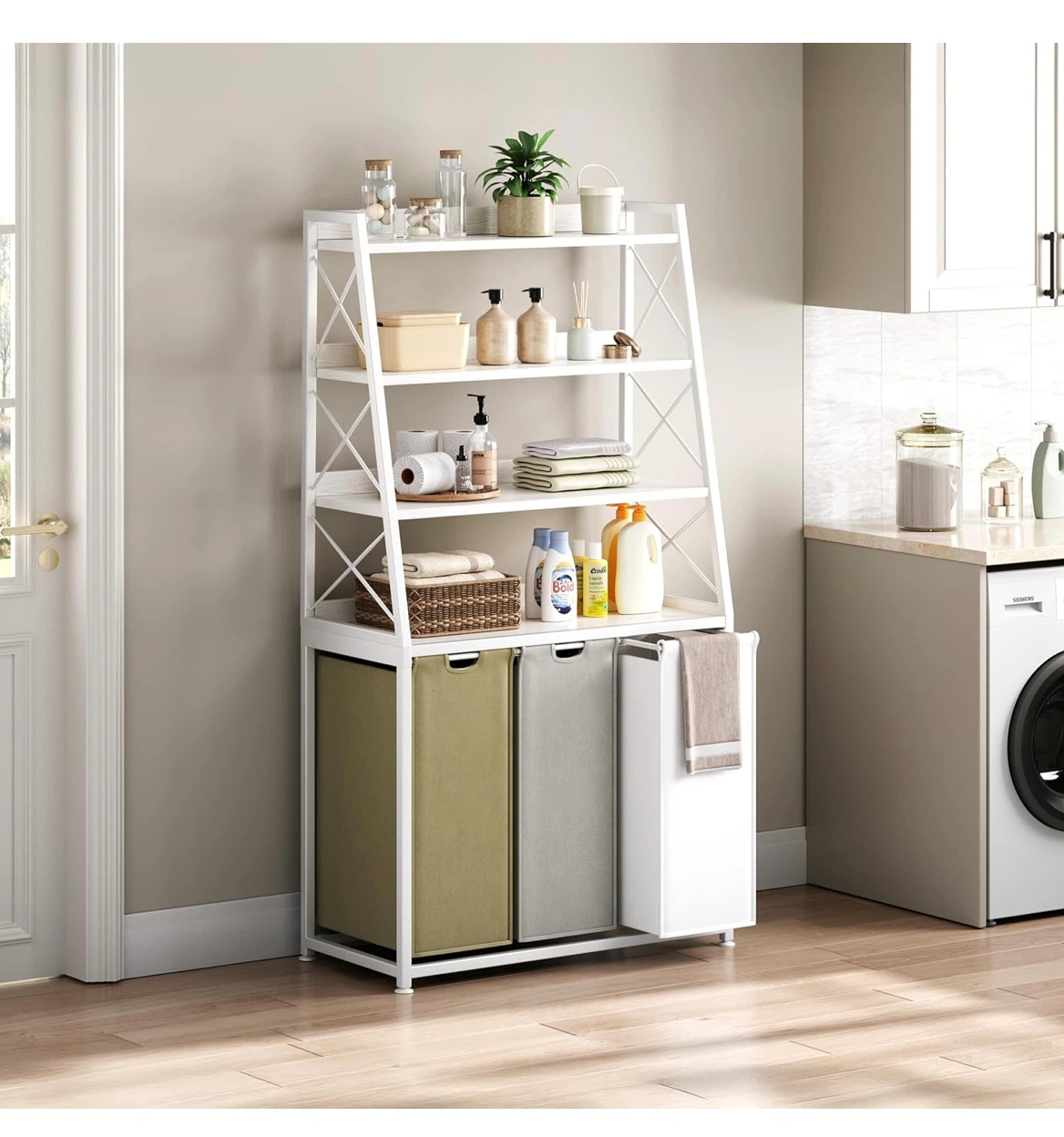 White 4-Tier Storage Shelf with Removable Laundry Bags