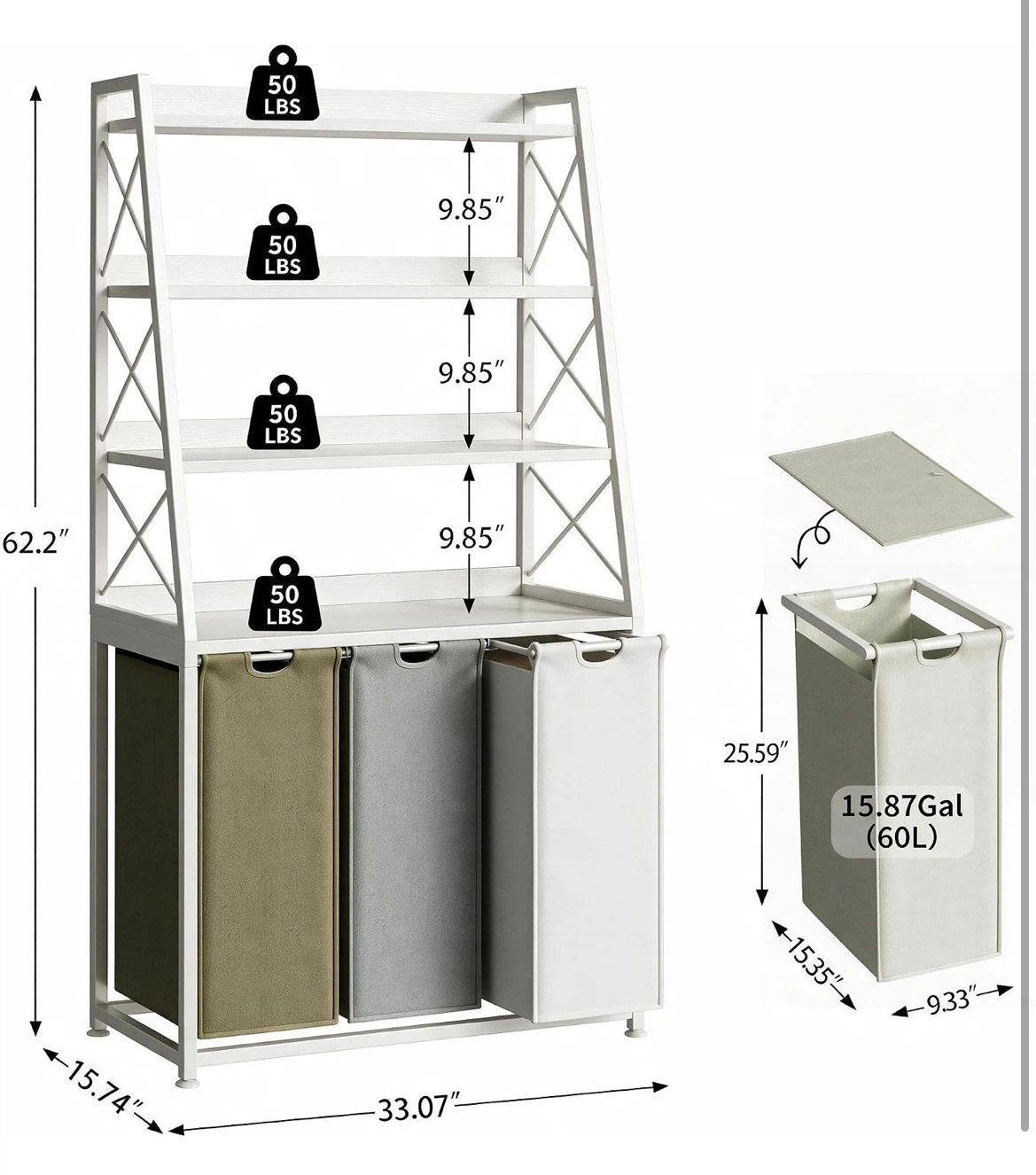 White 4-Tier Storage Shelf with Removable Laundry Bags - photo 3