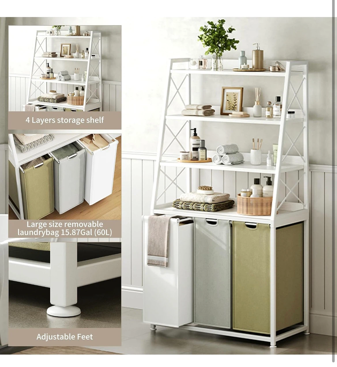 White 4-Tier Storage Shelf with Removable Laundry Bags - photo 4