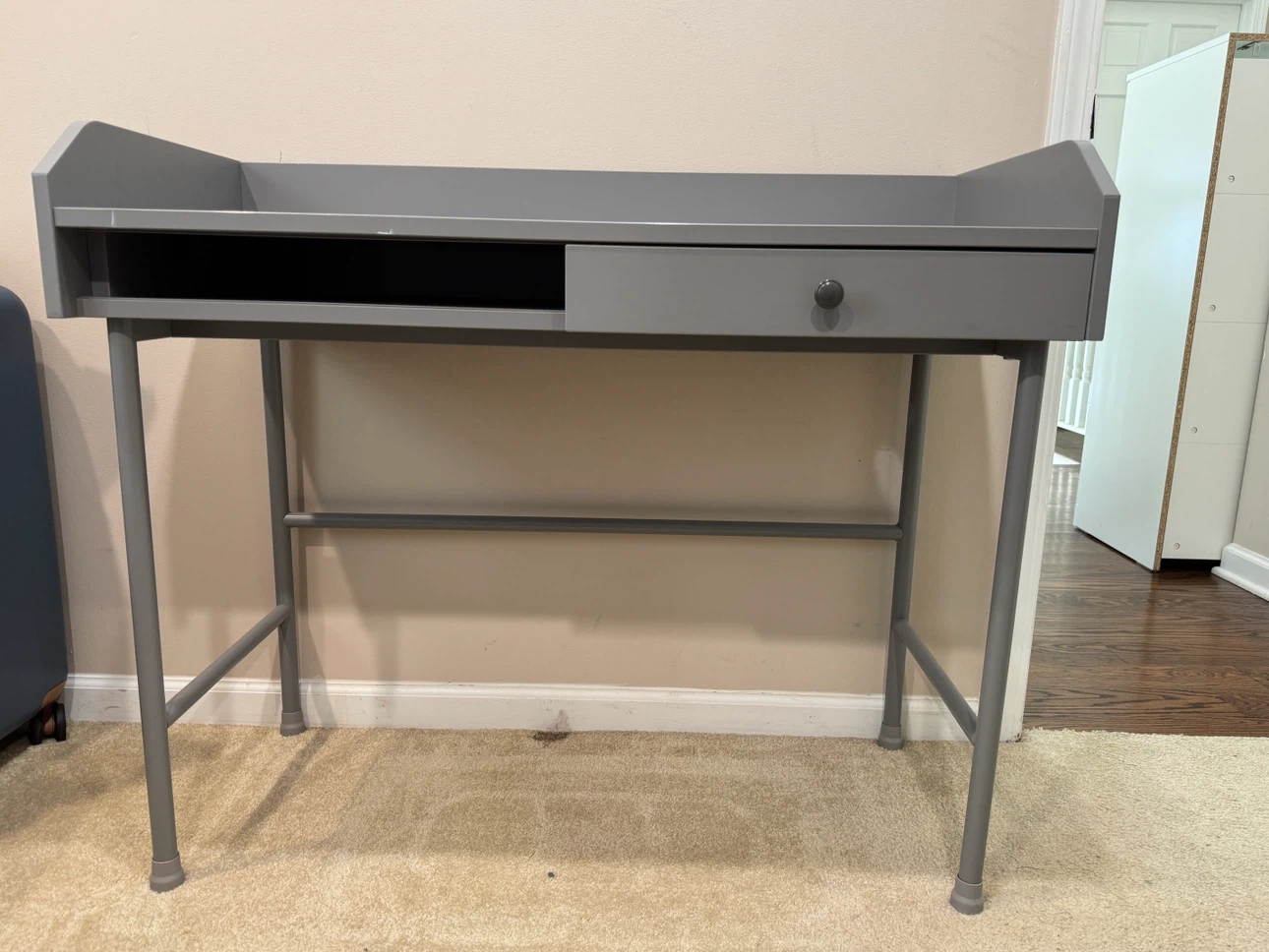 Gray Desk with Drawer and Shelf