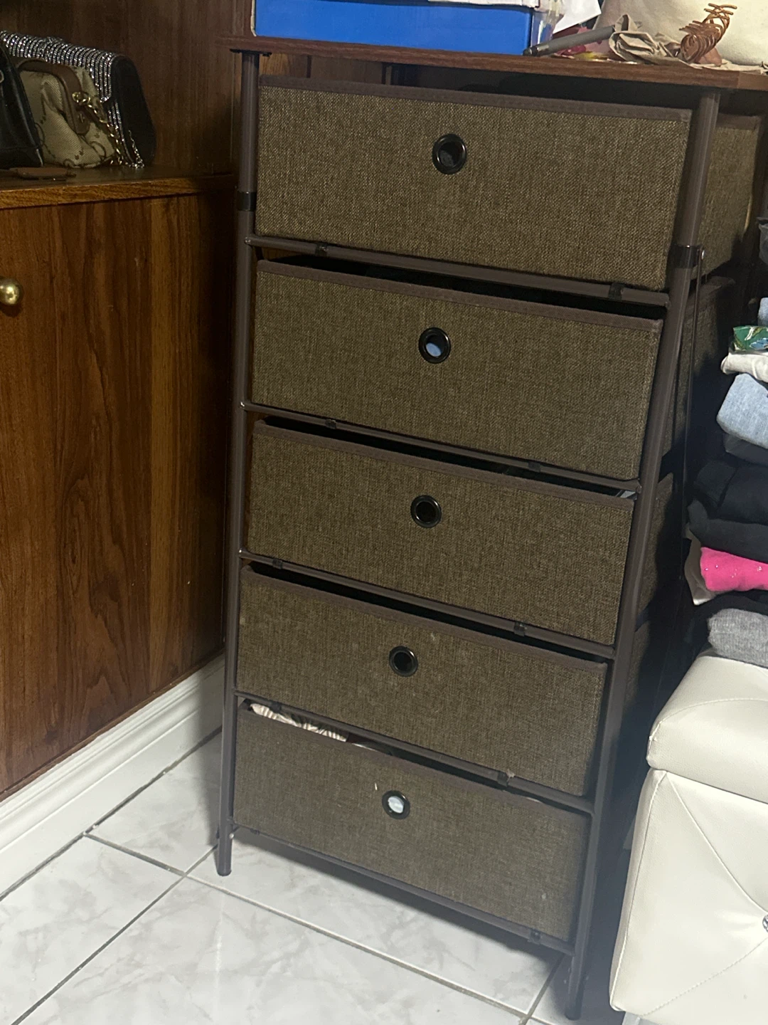Five drawer brown fabric storage unit