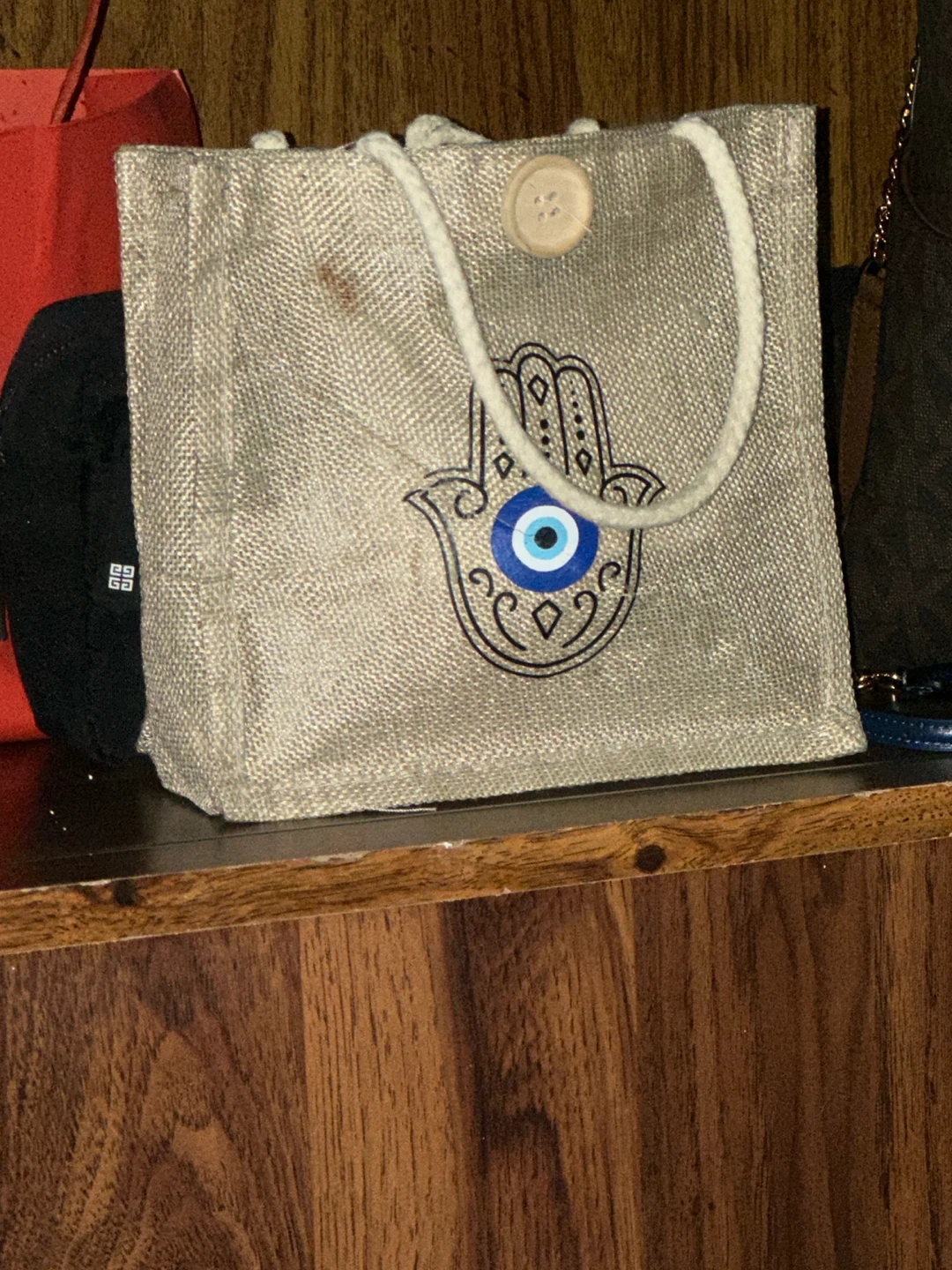 Small burlap hamsa hand tote bag