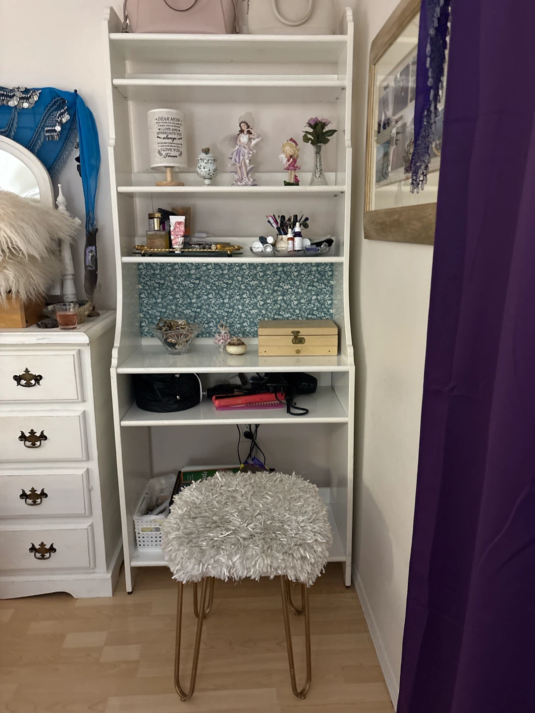 Fluffy White Vanity Stool with Gold Legs - photo 4