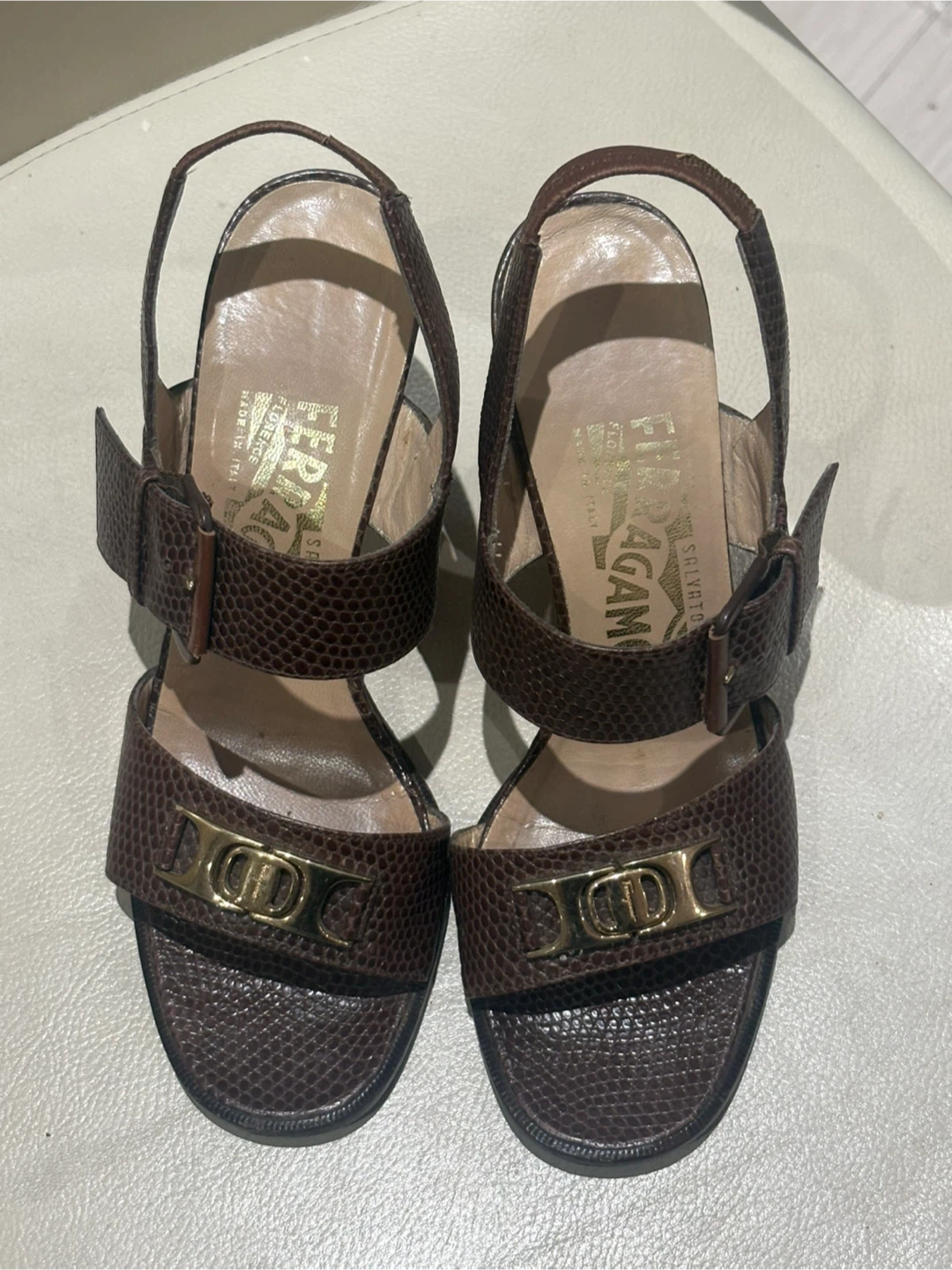 Salvatore Ferragamo Gancini Lizard-Embossed Slingback Sandals