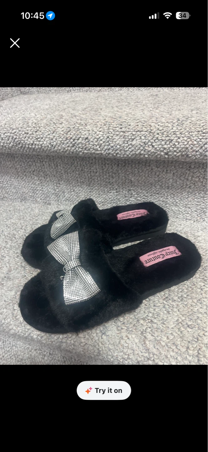 Juicy Couture Black Fuzzy Slippers with Rhinestone Bow