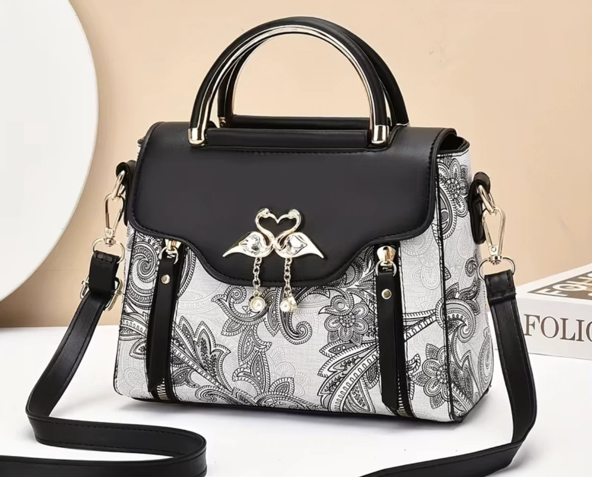 Swan Motif Printed Handbag with Detachable Strap