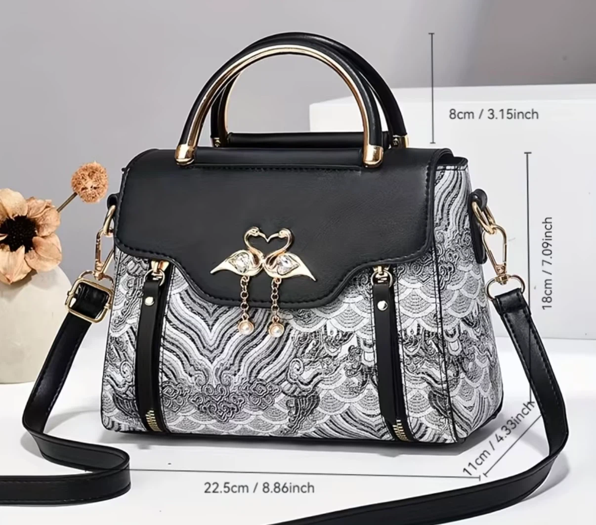 Swan Motif Printed Handbag with Detachable Strap - photo 3