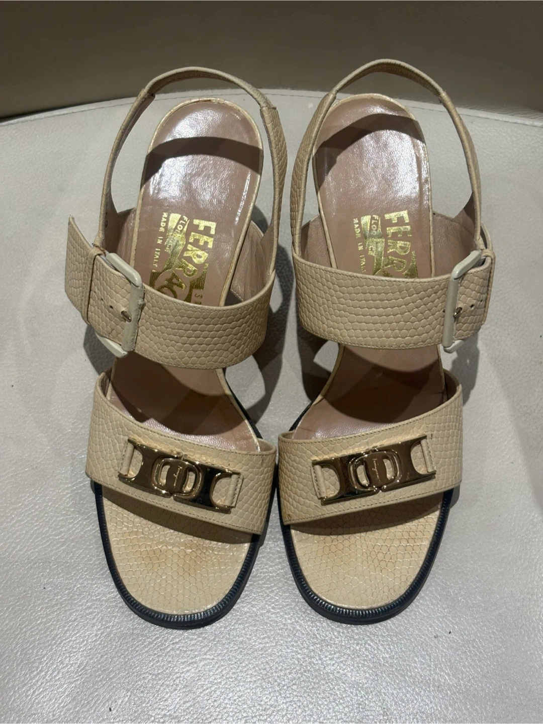 Salvatore Ferragamo Gancini Lizard-Embossed Slingback Sandals
