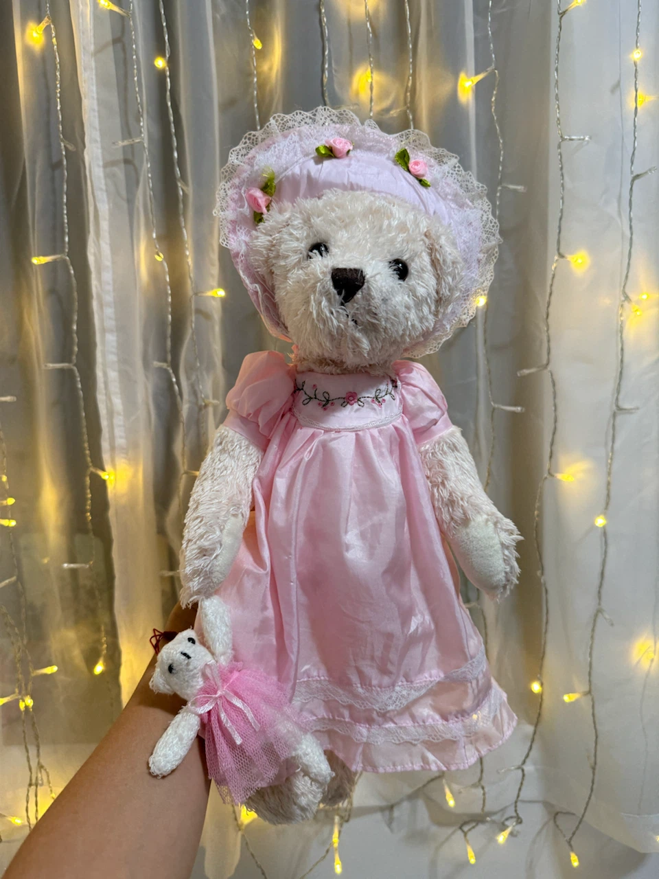Vintage Teddy Bear with Bonnet and Dress with baby teddy