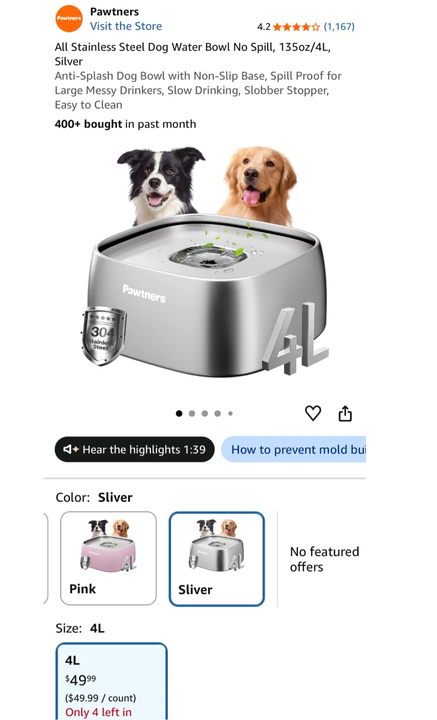 Pawtners All Stainless Steel Dog Water Bowl 4L Silver - photo 2