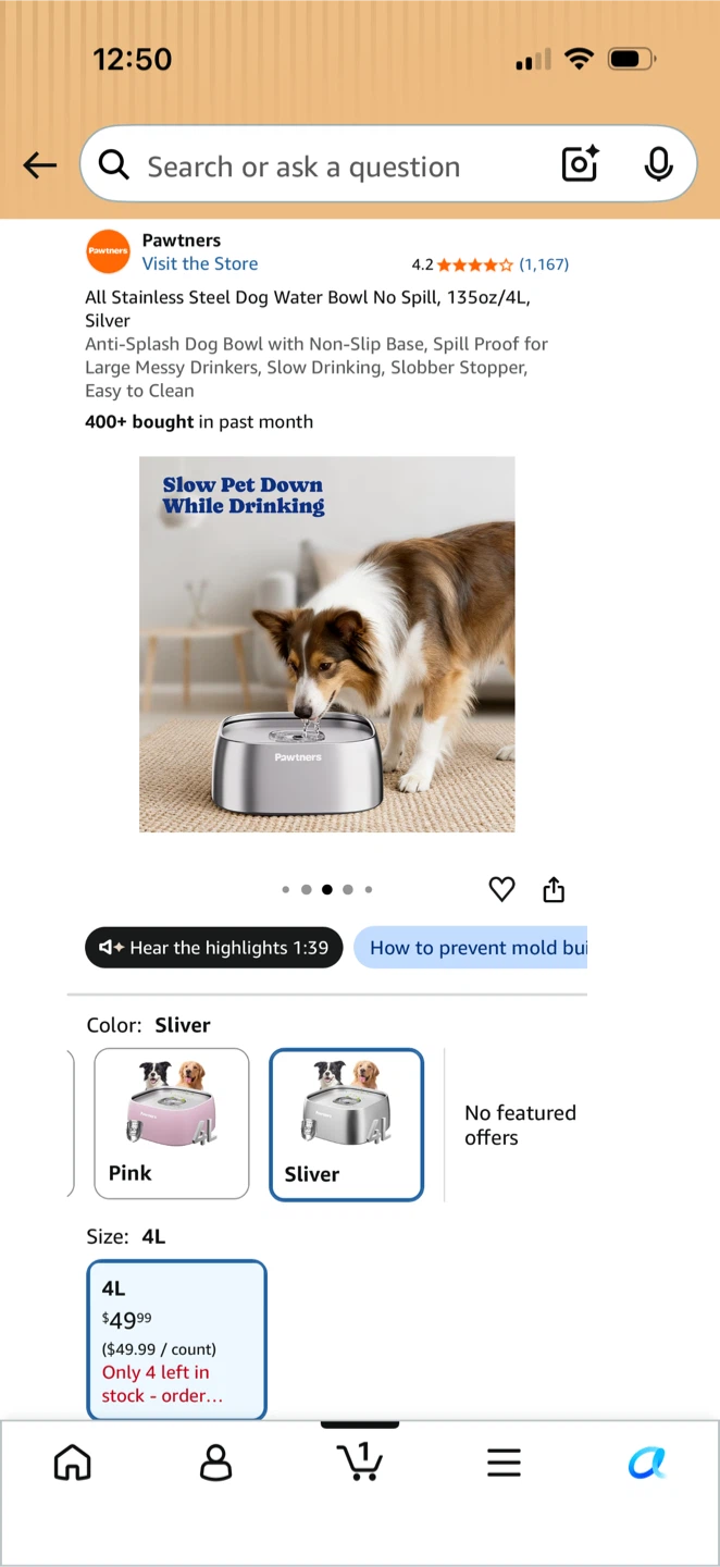 Pawtners All Stainless Steel Dog Water Bowl 4L Silver - photo 4