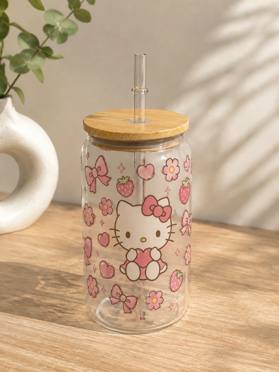 Hello Kitty Glass Tumbler with Bamboo Lid and Straw