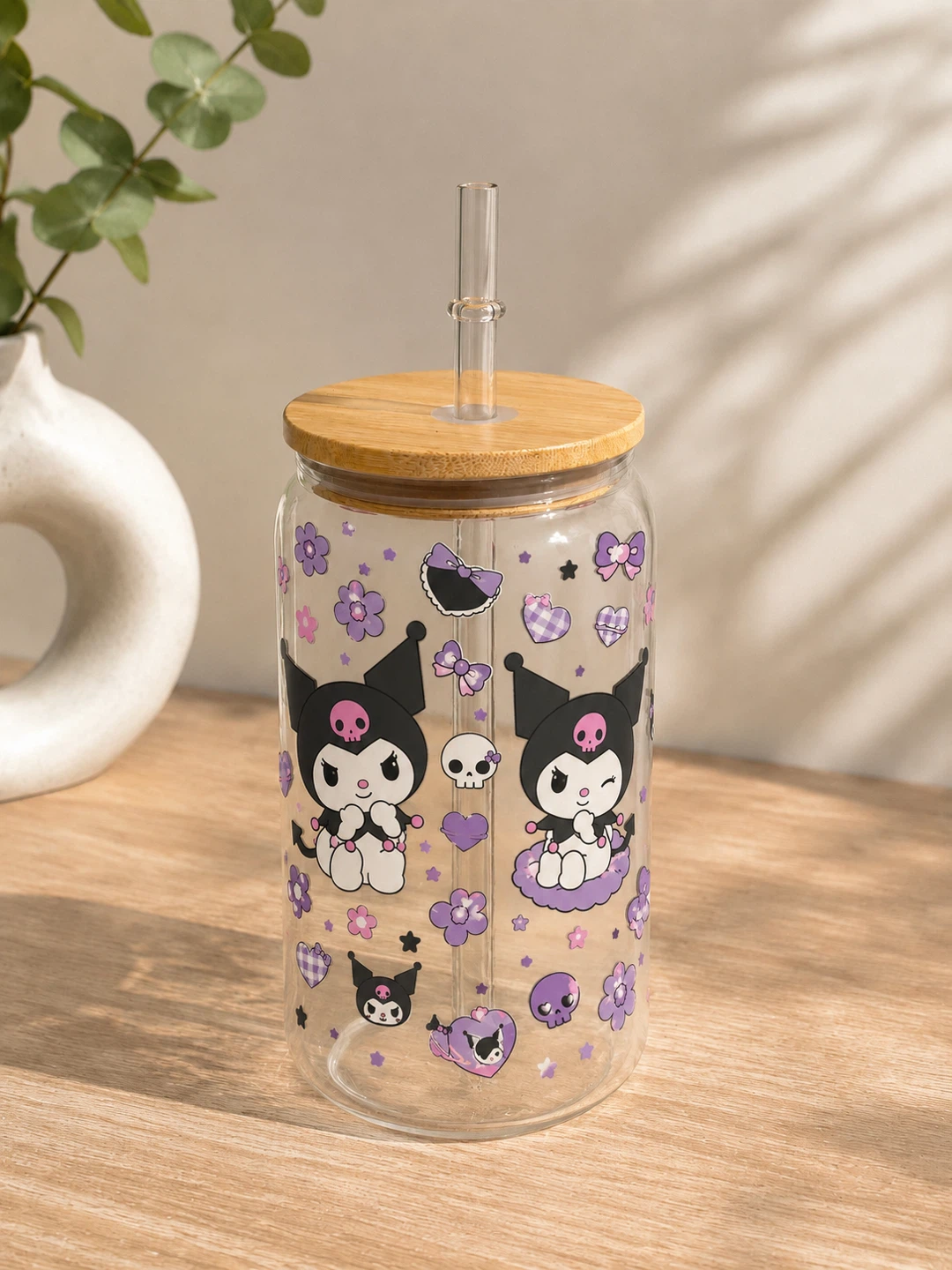 Kuromi Glass Tumbler with Bamboo Lid and Straw