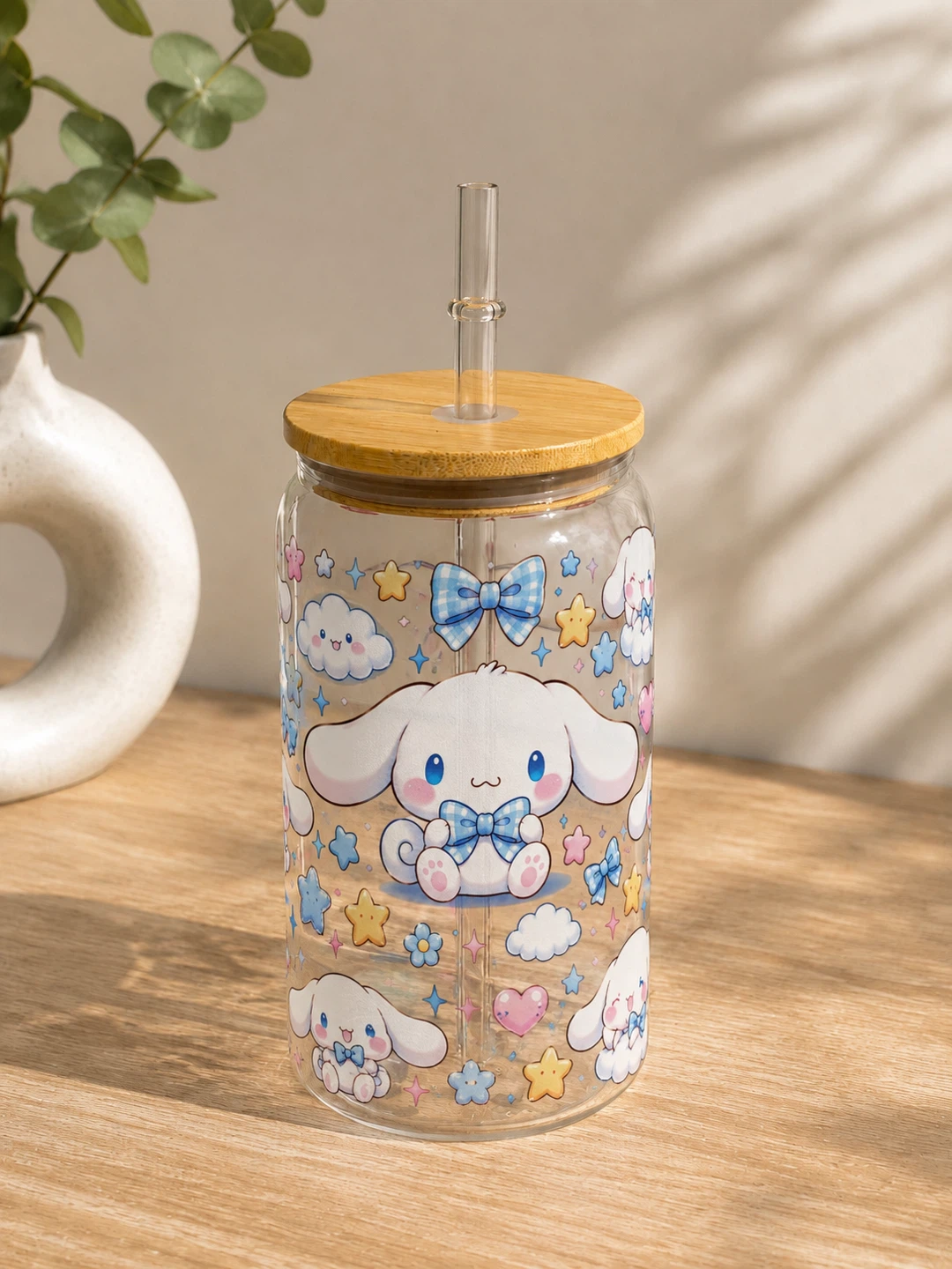 Cinnamoroll Glass Tumbler with Bamboo Lid and Straw