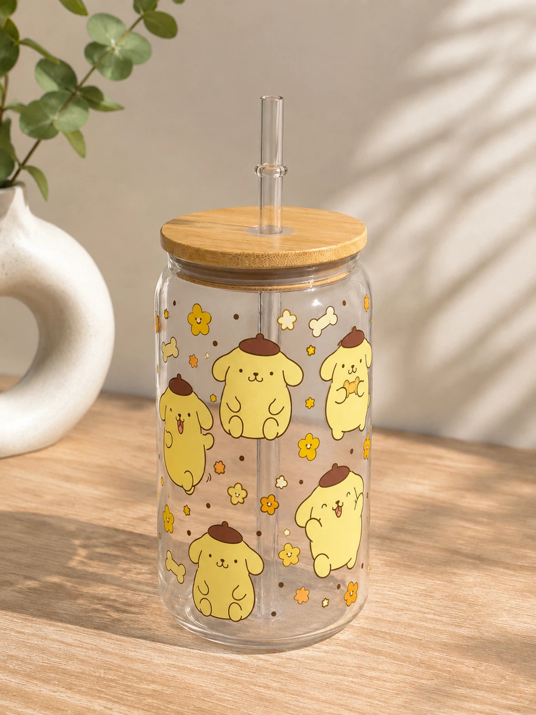 Pompompurin Glass Tumbler with Bamboo Lid and Straw