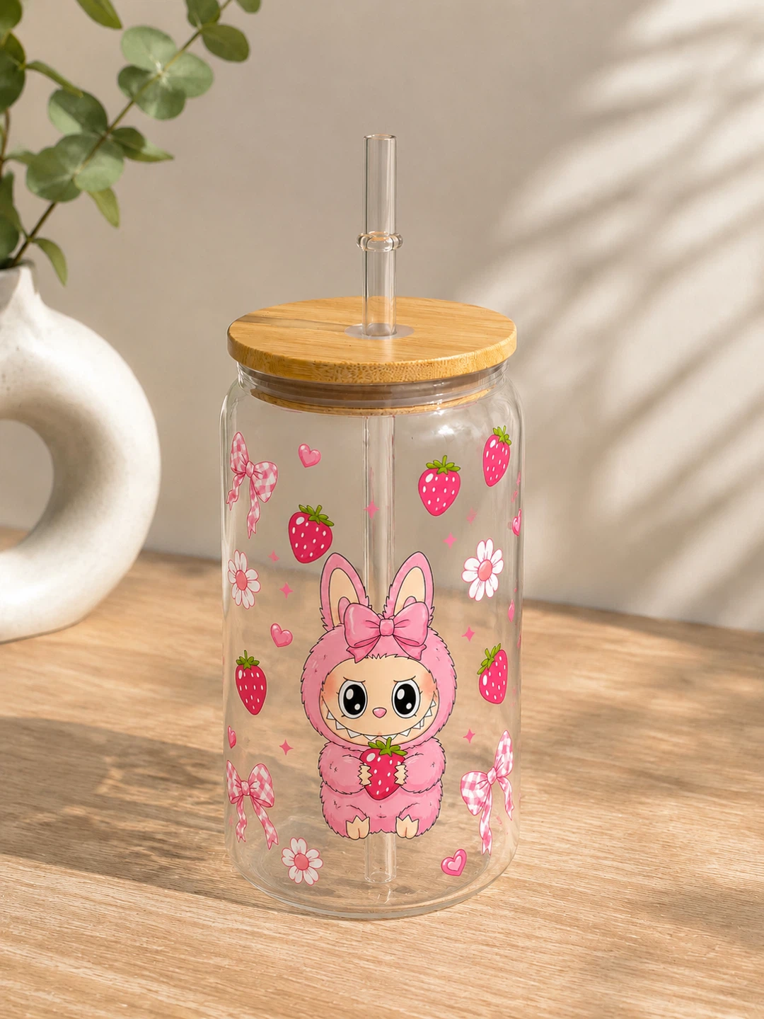 Labubu Strawberry Bunny Glass Tumbler with Bamboo Lid and Straw