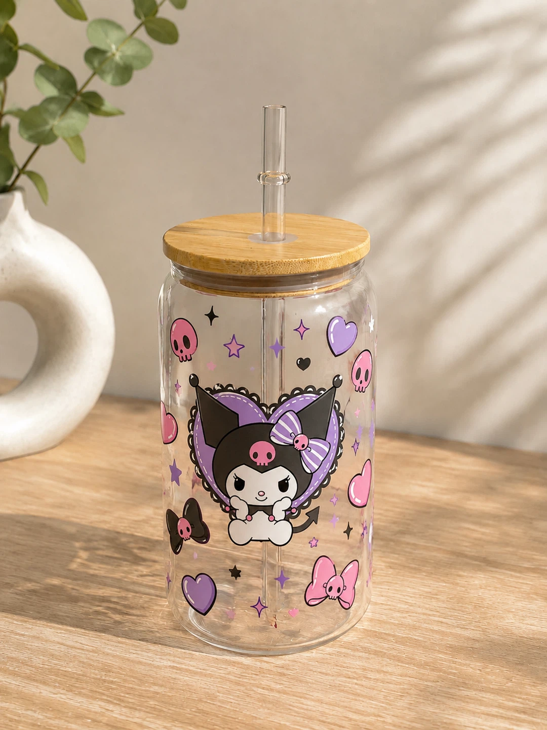 Kuromi Glass Tumbler with Bamboo Lid and Straw