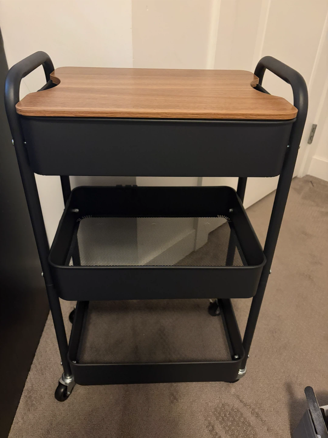 Black 3-Tier Rolling Utility Cart with Wood Top/cart/