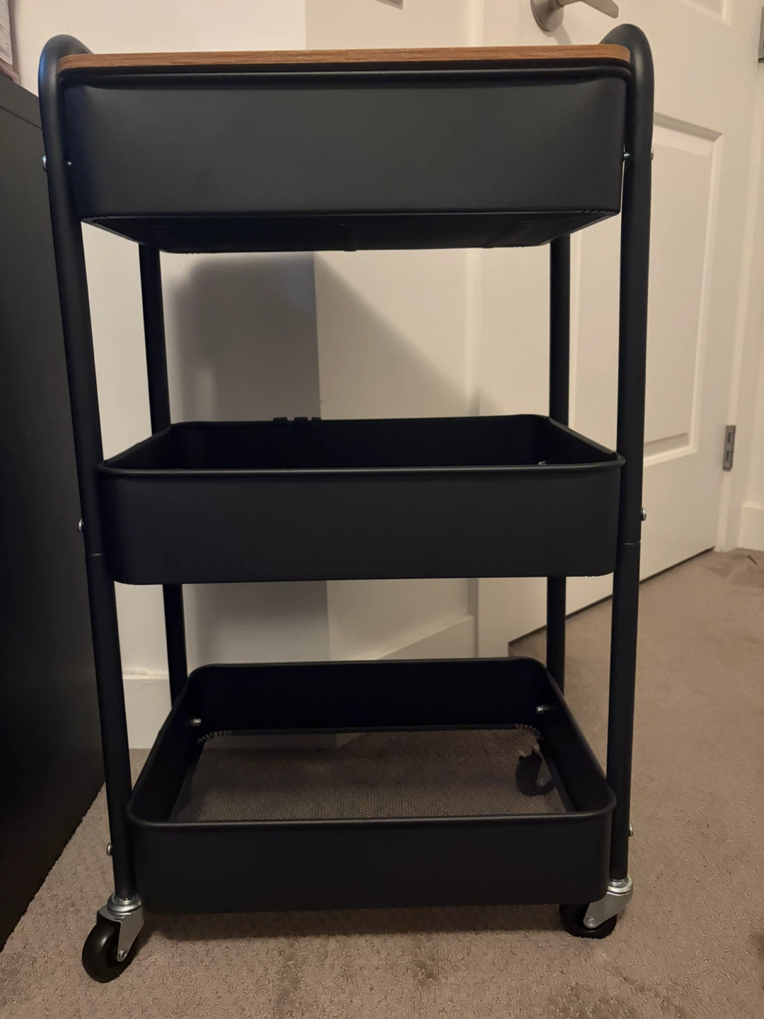 Black 3-Tier Rolling Utility Cart with Wood Top/cart/ - photo 2