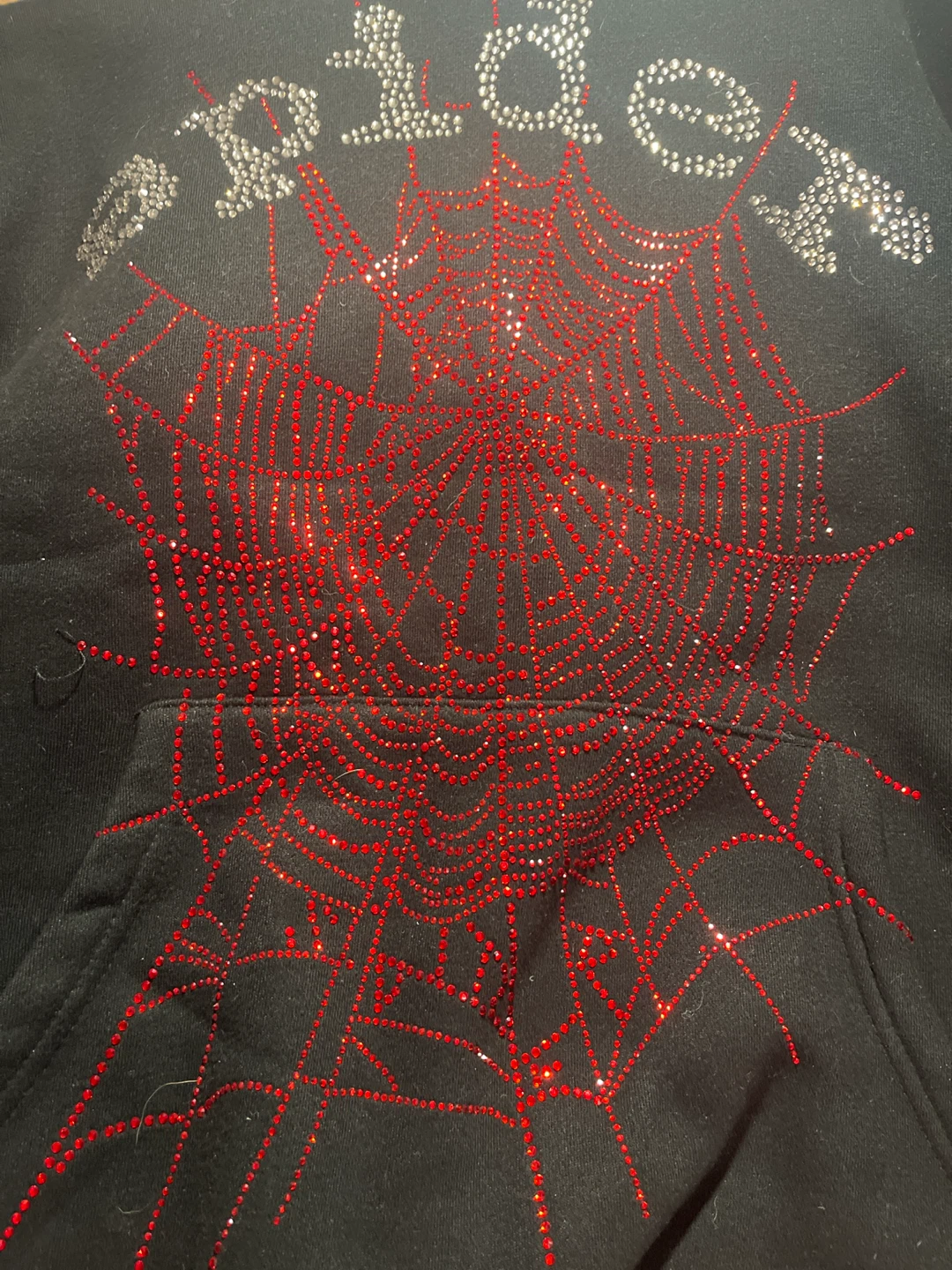 Sp5der Black Rhinestone Web Hoodie Small