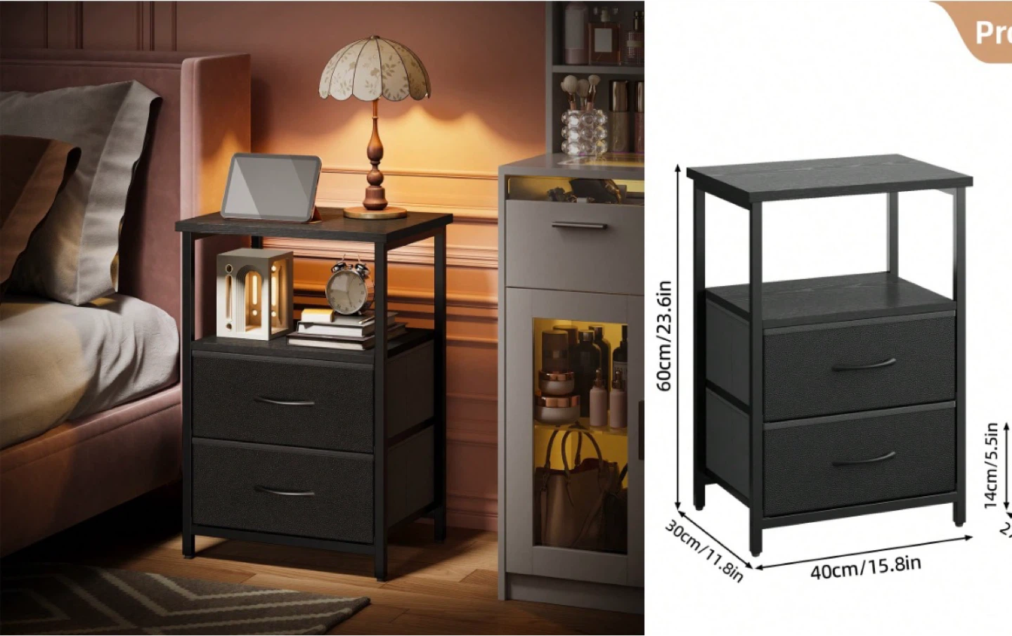 Black Nightstand with 2 Drawers