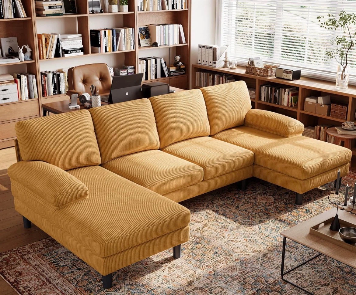 Yellow Corduroy U-Shaped Sectional Sofa