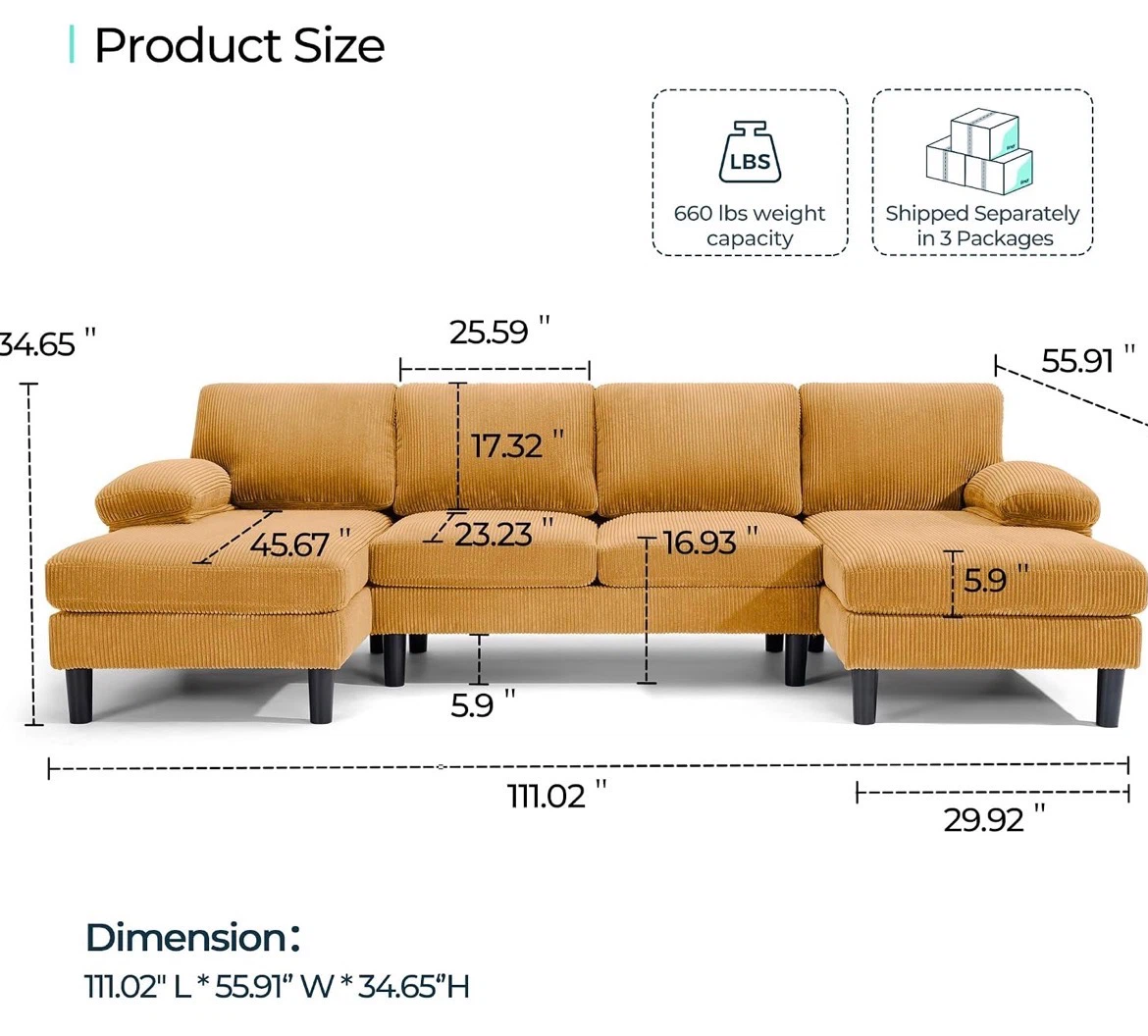 Yellow Corduroy U-Shaped Sectional Sofa - photo 2