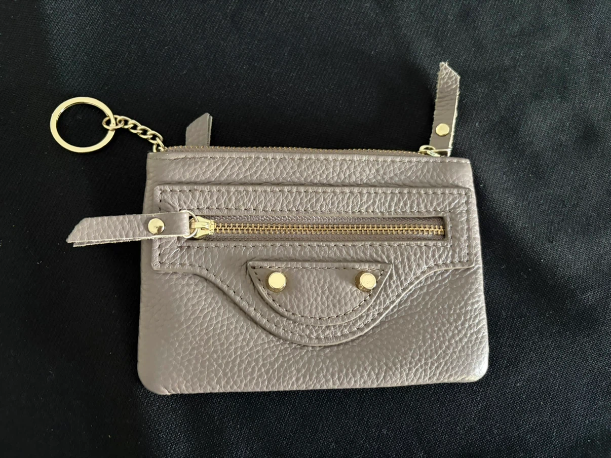 Gray Leather Coin Pouch with Zipper