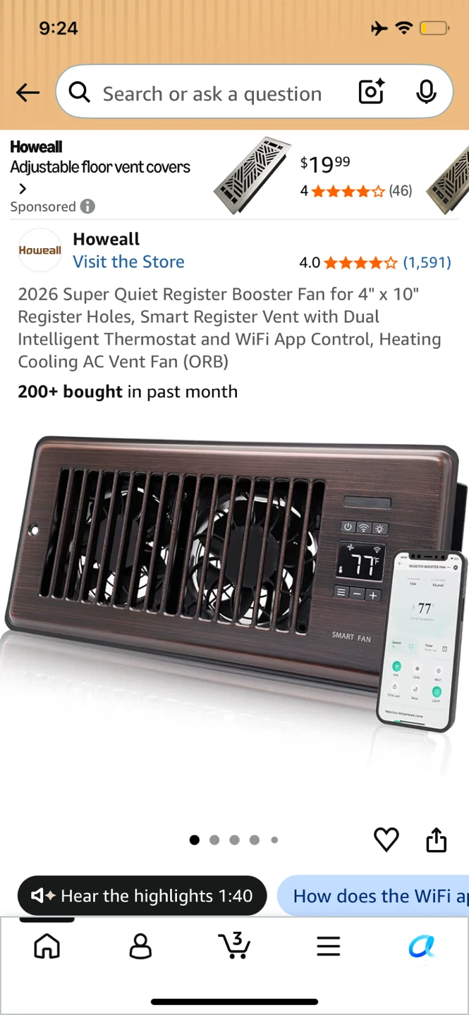 Howeall Register Booster Fan for 4" x 10" Vents