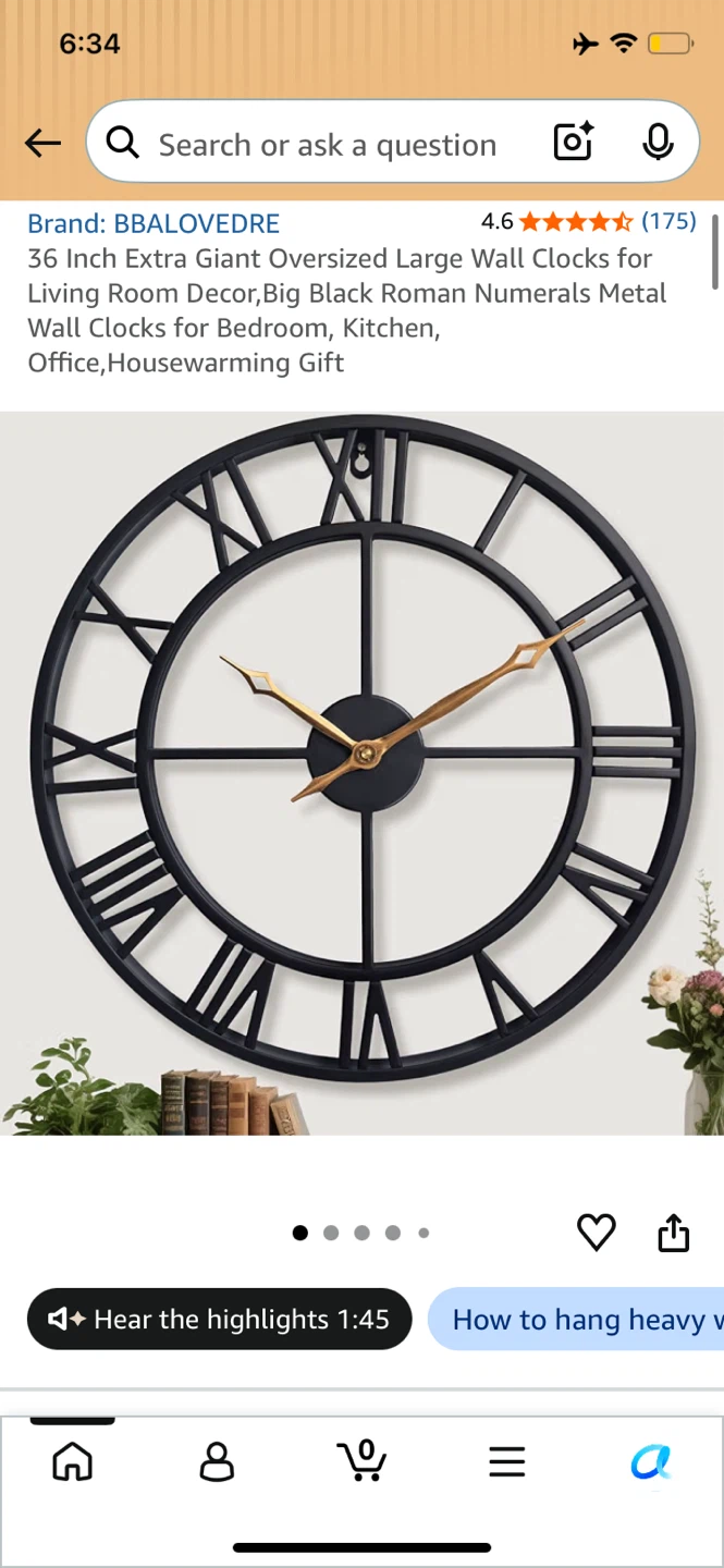BBALOVREDE 36 Inch Black Metal Wall Clock