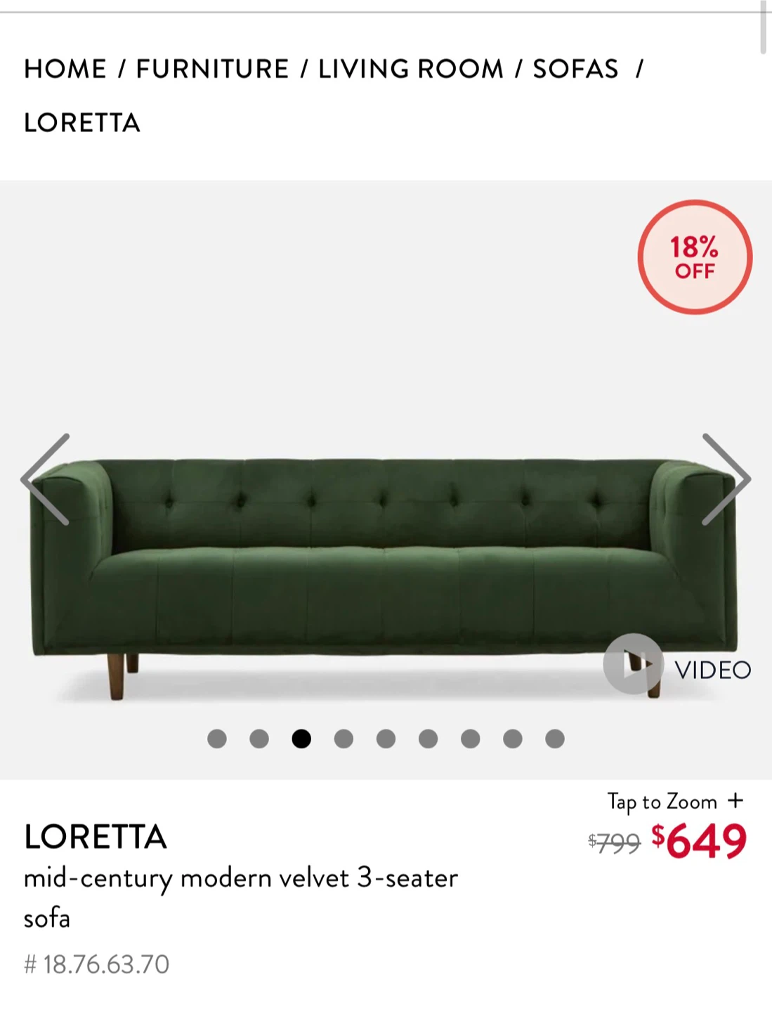 Loretta Mid-Century Modern Velvet 3-Seater Sofa