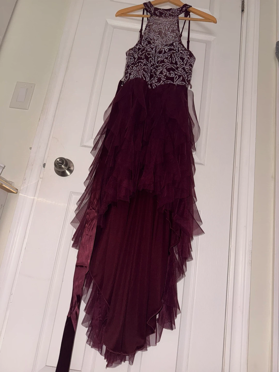 Burgundy Beaded High-Low Tulle Dress