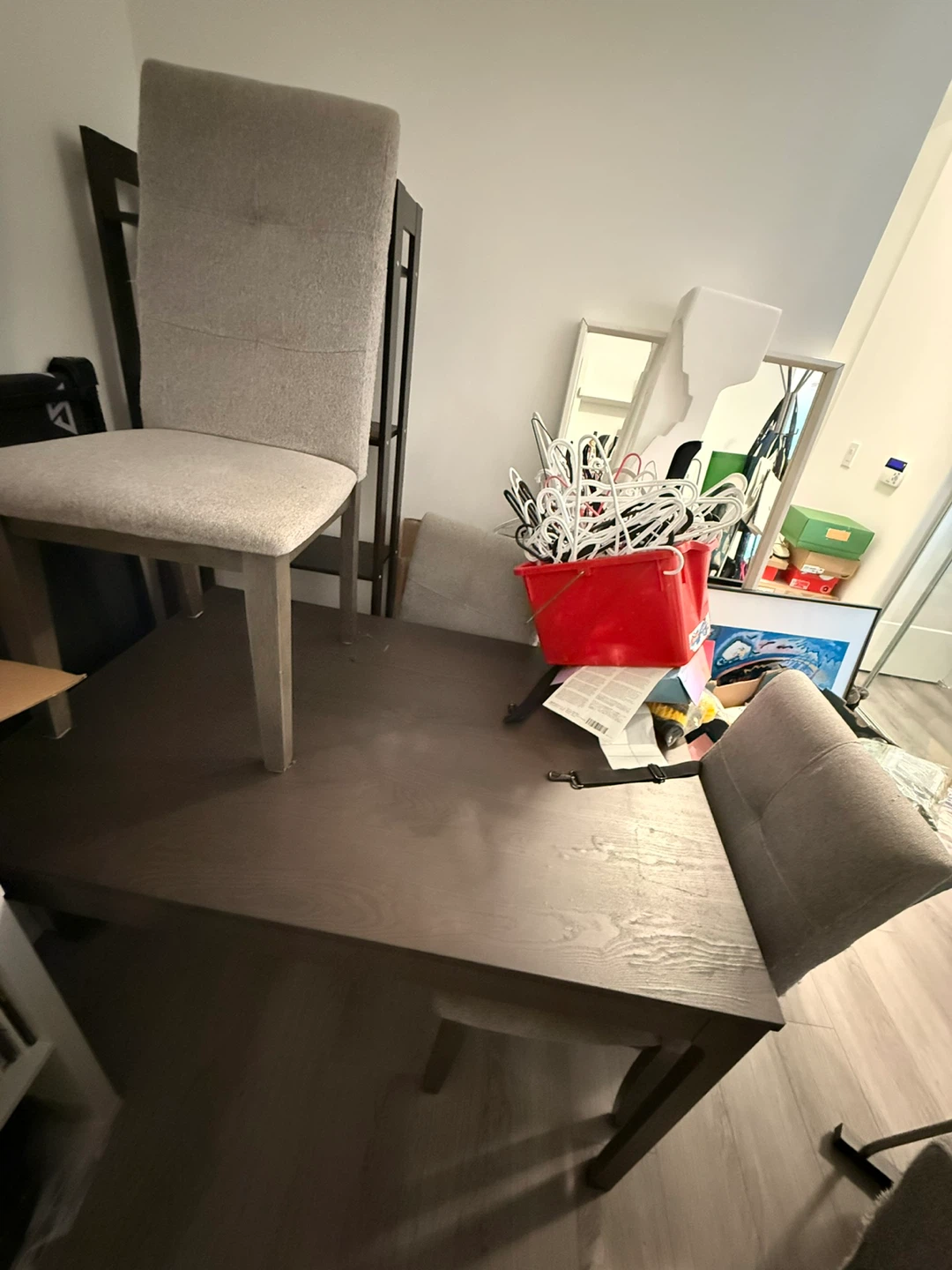 Grey Upholstered Dining Chairs( 4) and Expandable dining table
