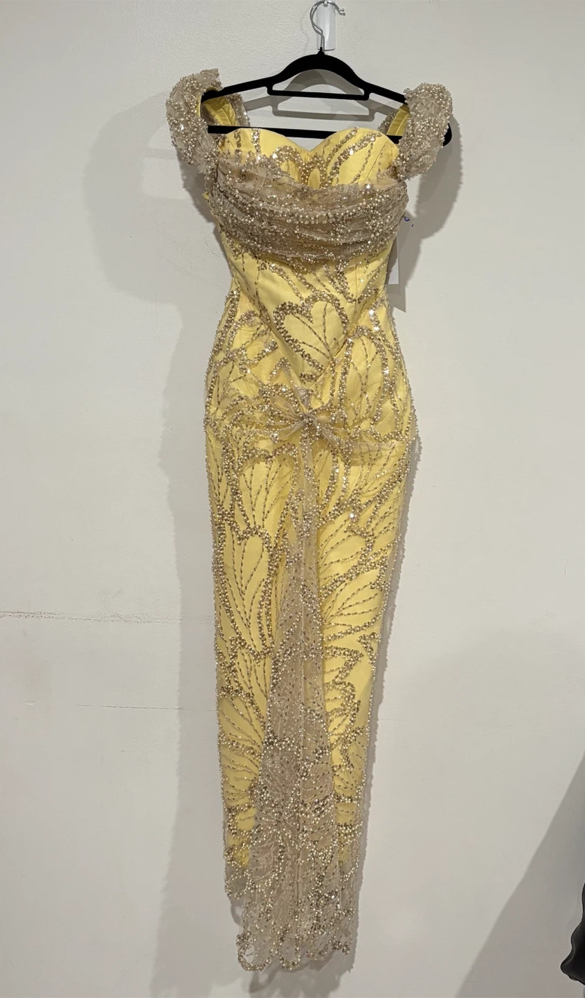 CUSTOM YELLOW GOLD BEADED PROM / FORMAL DRESS